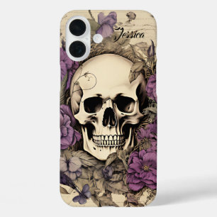 Personalized Vintage Skull and Purple flowers  iPhone 16 Plus Case