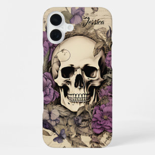 Personalized Vintage Skull and Purple flowers  iPhone 16 Plus Case