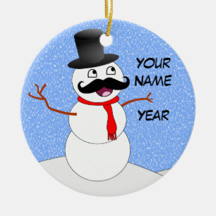 Personalized Vintage Snowman With Moustache Ceramic Ornament