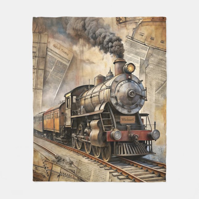 Personalized Vintage Steam Train Retro Travel Fleece Blanket (Front)