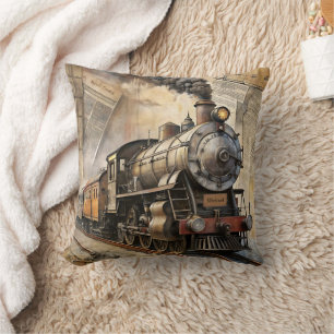 Personalized Vintage Steam Train Retro Travel Throw Pillow