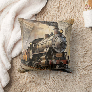 Personalized Vintage Steam Train Retro Travel Throw Pillow