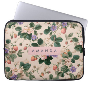 Personalized Vintage Strawberry Botanical Floral Laptop Sleeve