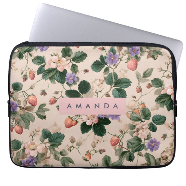 Personalized Vintage Strawberry Botanical Floral Laptop Sleeve (Front)