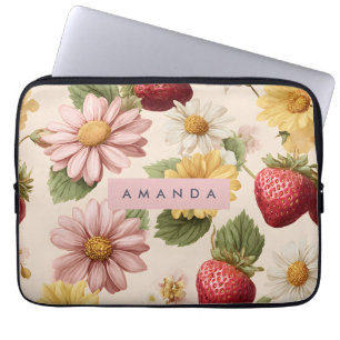 Personalized Vintage Strawberry & Flower Pattern Laptop Sleeve