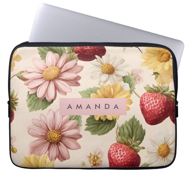 Personalized Vintage Strawberry & Flower Pattern Laptop Sleeve (Front)