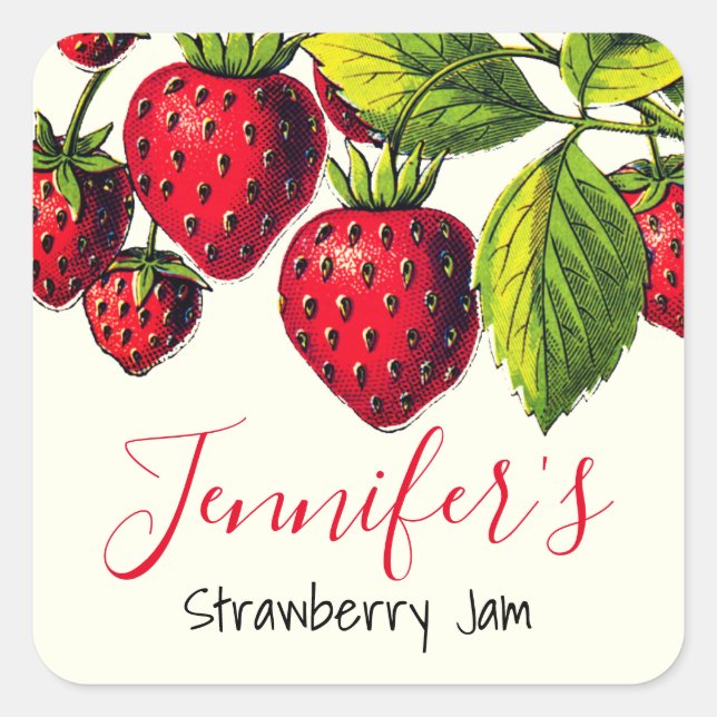 Personalized Vintage Strawberry Jam Canning Jar Square Sticker (Front)