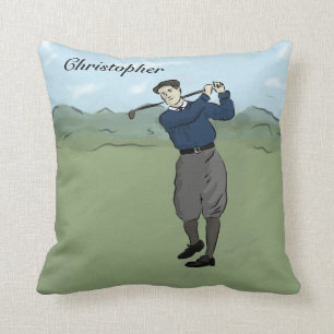 Personalized Vintage style golfer swinging his clu Throw Pillow