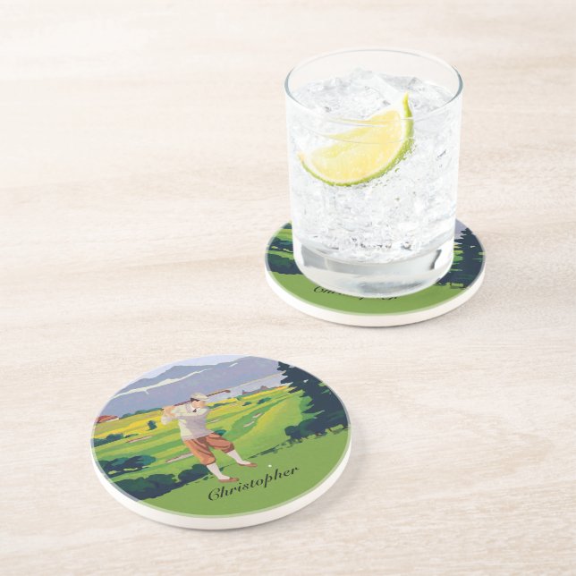 Personalized Vintage Style Highlands Golfing Scene Coaster (Side)