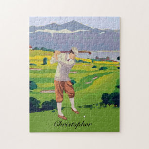 Personalized Vintage Style Highlands Golfing Scene Jigsaw Puzzle
