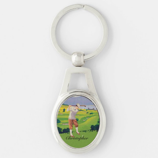 Personalized Vintage Style Highlands Golfing Scene Keychain (Front)