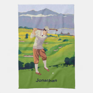 Personalized Vintage Style Highlands Golfing Scene Kitchen Towel
