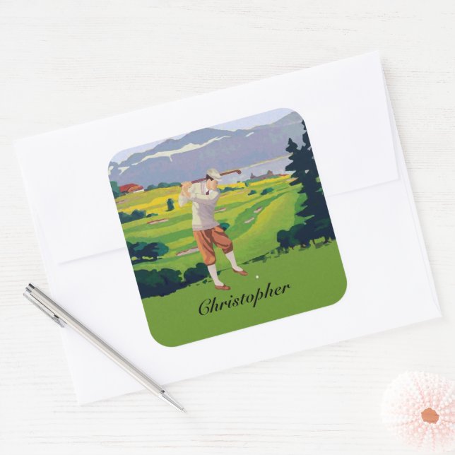 Personalized Vintage Style Highlands Golfing Scene Square Sticker (Envelope)