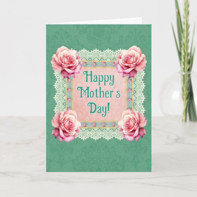 Personalized Vintage Style Pine Green Mothers Day Card (Front)