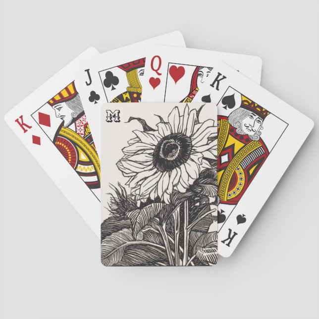 Personalized Vintage Sunflower Black and White Playing Cards (Back)