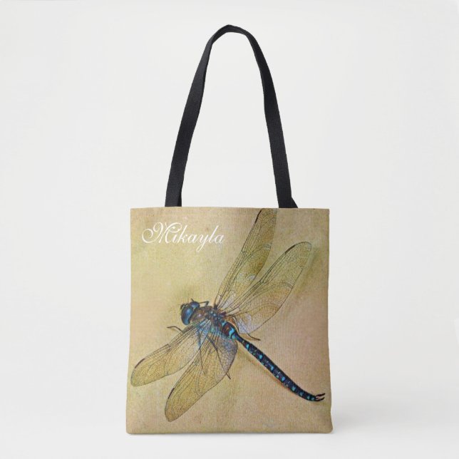 Personalized Vintage Tolstoy Blue Dragonfly Tote Bag (Front)