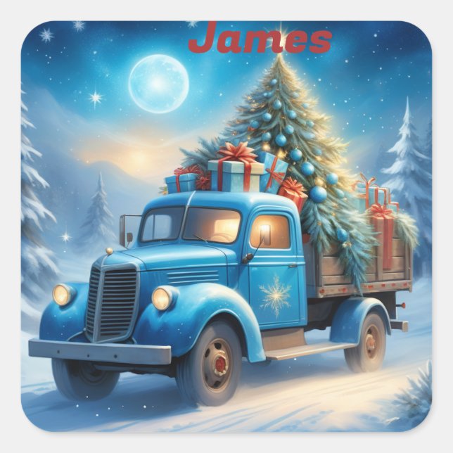 Personalized Vintage Truck Stickers, Blue Truck Square Sticker (Front)
