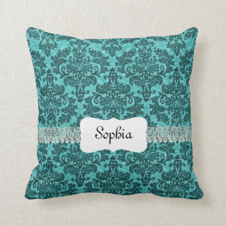 Personalized Vintage Turquoise Damask Throw Pillow