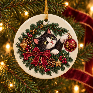Personalized Vintage Tuxedo Cat Christmas Ornament