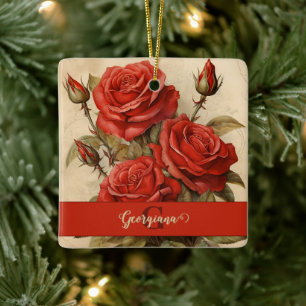 Personalized Vintage Watercolor Floral Red Roses Ceramic Ornament