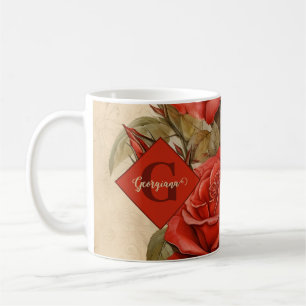 Personalized Vintage Watercolor Floral Red Roses Coffee Mug