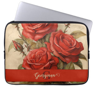 Personalized Vintage Watercolor Floral Red Roses Laptop Sleeve