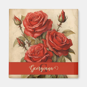 Personalized Vintage Watercolor Floral Red Roses Magnet