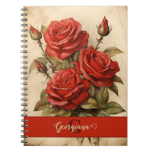 Personalized Vintage Watercolor Floral Red Roses Notebook