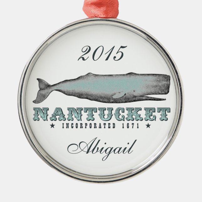 Personalized Vintage Whale Nantucket Massachusetts Metal Ornament (Front)