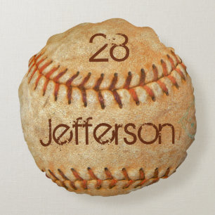Personalized Vintage White Baseball red stitching Round Pillow