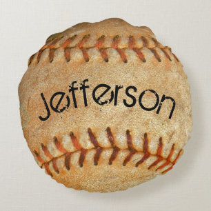 Personalized Vintage White Baseball red stitching Round Pillow