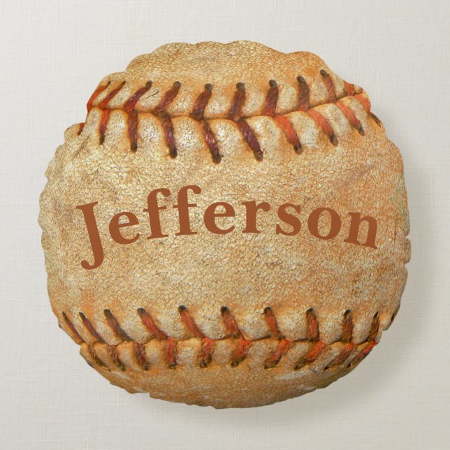 Personalized Vintage White Baseball red stitching Round Pillow (Front)