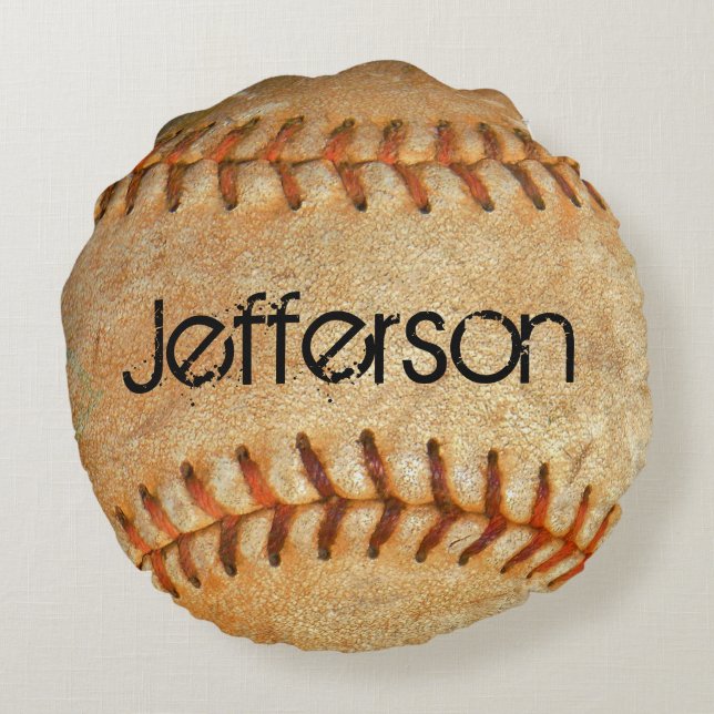 Personalized Vintage White Baseball red stitching Round Pillow (Back)