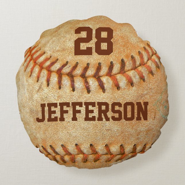 Personalized Vintage White Baseball red stitching Round Pillow (Back)