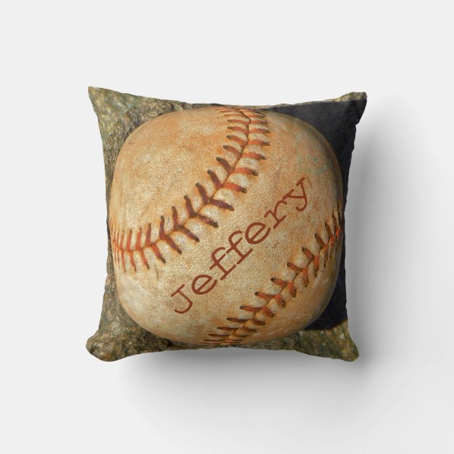 Personalized vintage White Baseball red stitching Throw Pillow (Front)