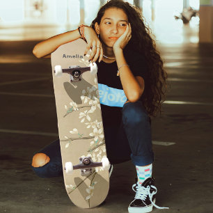 Personalized Vintage White Flowers Skateboard