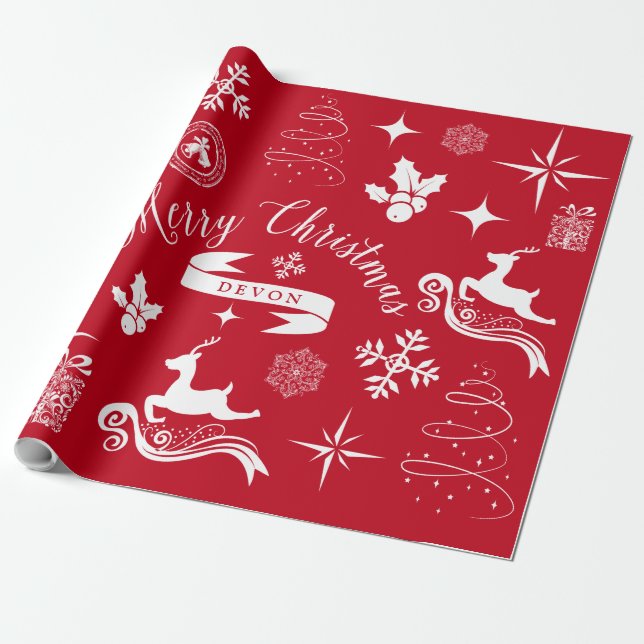 Personalized Vintage White & Red Christmas Wrap Wrapping Paper (Unrolled)