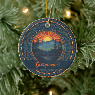 Personalized Vintage Wilderness Sunset Dot Mandala Ceramic Ornament