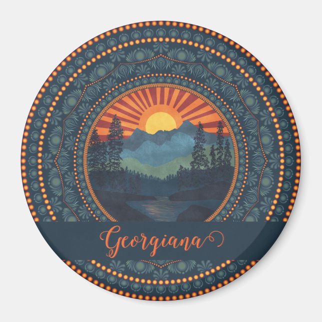 Personalized Vintage Wilderness Sunset Dot Mandala Magnet (Front)