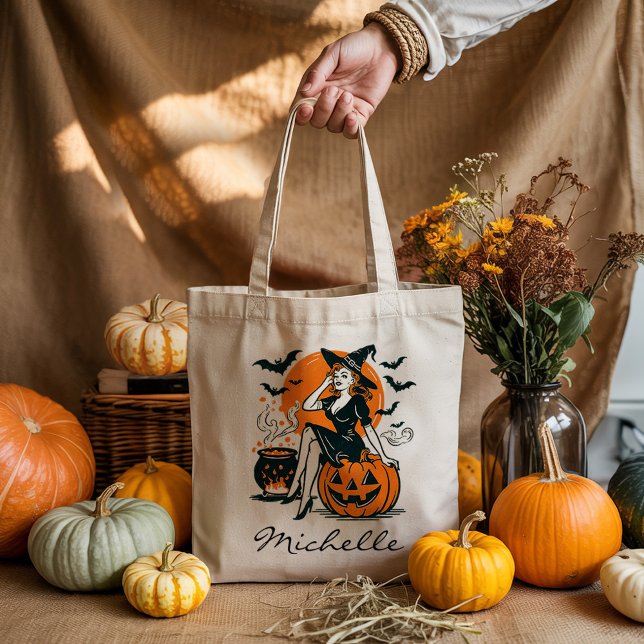 Personalized Vintage Witch on Pumpkin Cauldron     Tote Bag (Creator Uploaded)