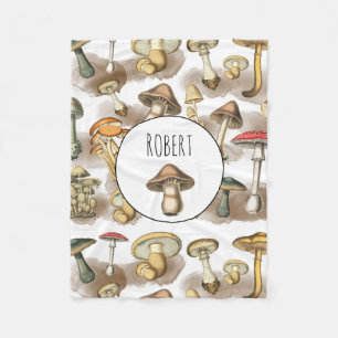 Personalized Vintage Woodland Forest Mushrooms Fleece Blanket