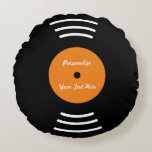 Personalized vinyl music record throw pillow<br><div class="desc">Personalized vinyl music record throw pillow. Cute retro cushion for sofa, couch or bed in bedroom. Custom background colour ie orange. Personalizable with name, monogram, band name, date etc. Funny novelty design for back to the 60s 70s or 80s party. LP Gramophone record icon. Fun home decor for music lovers...</div>