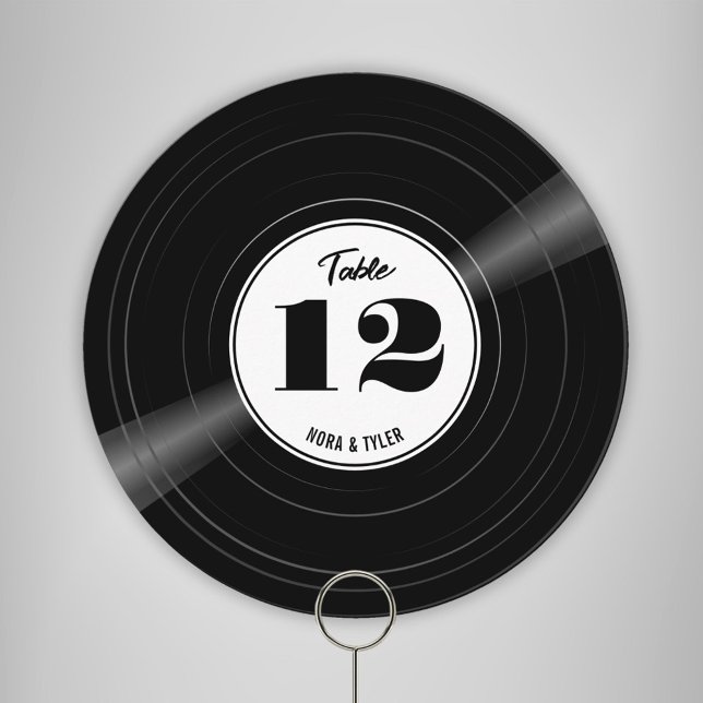 Personalized Vinyl Record Black White Table Number (Round personalized vinyl record table number with white label and black text)
