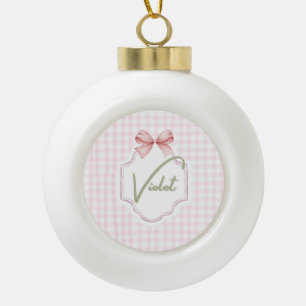 Personalized Violet Baby Girl Nursery Bow&Gingham  Ceramic Ball Christmas Ornament