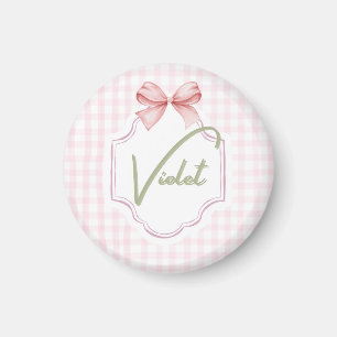 Personalized Violet Baby Girl Nursery Bow&Gingham Magnet