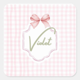 Personalized Violet Baby Girl Nursery Bow&Gingham  Square Sticker