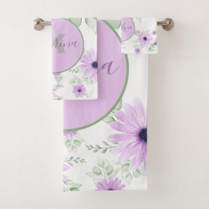 Personalized Violet & Green Watercolor Floral  Bath Towel Set