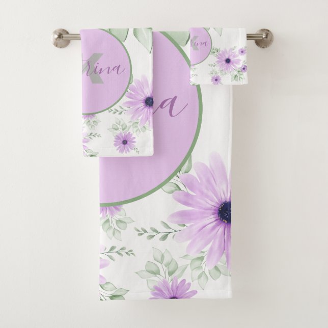 Personalized Violet & Green Watercolor Floral  Bath Towel Set (Insitu)