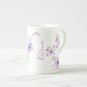 Personalized Violet & Green Watercolor Floral  Bone China Mug