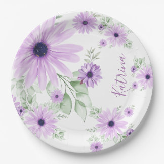 Personalized Violet & Green Watercolor Floral Paper Plate